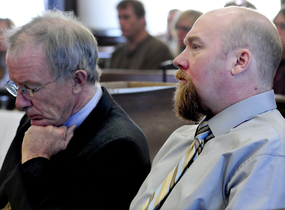Robert Nelson, right, listens to opening statements in his 2012 trial in the death of Everett Cameron in Somerset Superior Court in Skowhegan. At left is attorney John Alsop. Nelson, representing himself, is asking in U.S. District Court in Bangor that his conviction be overturned.