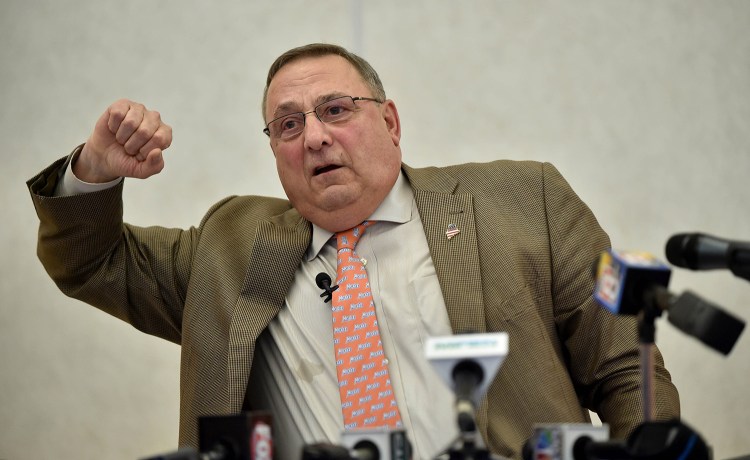 Gov. Paul LePage tells a story at Tuesday's town hall forum in Oakland about a disabled veteran for whom he helped find a prosthetic limb. 
Michael G. Seamans/Morning Sentinel