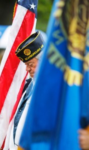 Steve Crocker of American Legion Post 76, bows his head in a moment of silence during a brief Memorial Day service at Black Point Cemetery in Scarborough.