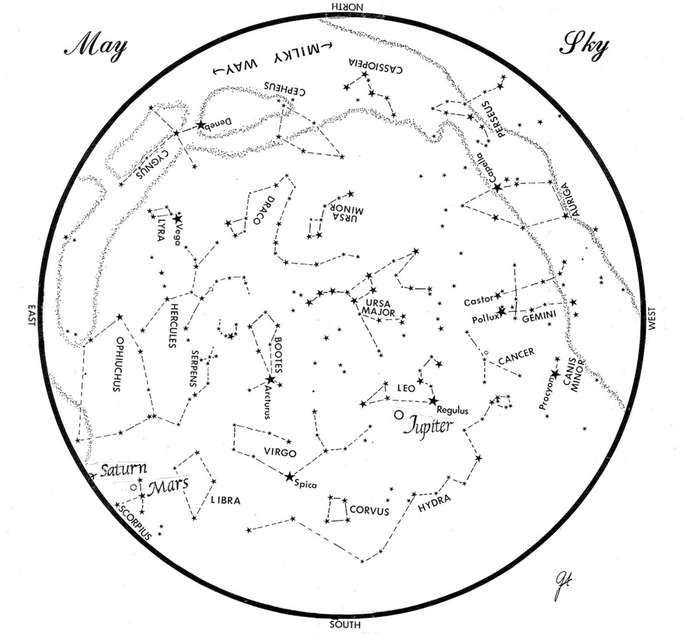 SKY GUIDE: This chart represents the sky as it appears over Maine during May. The stars are shown as they appear at 10:30 p.m. early in the month, at 9:30 p.m. at midmonth and at 8:30 p.m. at month's end. Saturn, Mars and Jupiter are shown in their midmonth positions. To use the map, hold it vertically and turn it so that the direction you are facing is at the bottom.