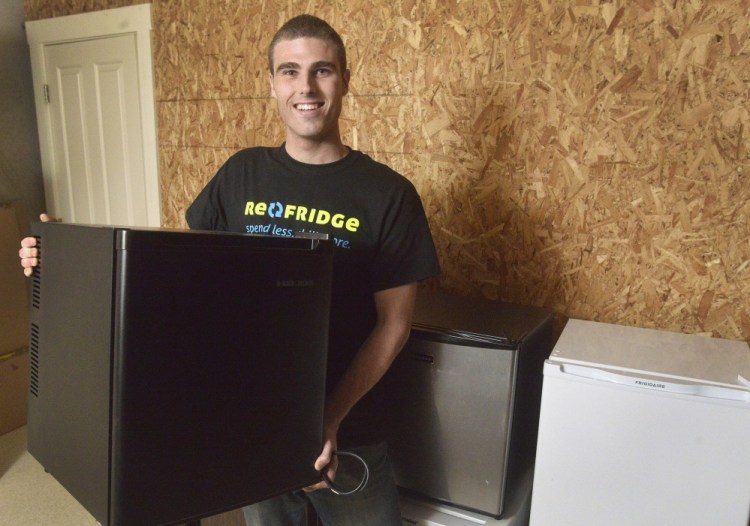 Mitch Newlin of Brunswick, a junior at Bates College in Lewiston, started a business that buys and sells used dorm refrigerators. Re-Fridge now serves 17 colleges and universities.