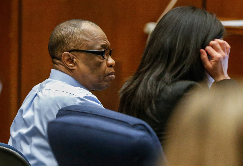FILE- In this Feb. 16, 2016, file photo, Lonnie Franklin Jr., left, appears in Los Angeles Superior Court for opening statements in his trial in Los Angeles.  The "Grim Sleeper" serial killer trial is coming to a close in Los Angeles after months of testimony. Closing arguments were scheduled to begin Monday, May 2, 2016, in the trial of Franklin. He's charged with killing nine women and a 15-year-old girl between 1985 and 2007.