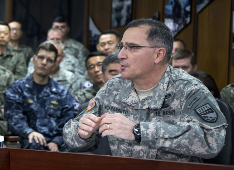 in this April 26, 2014 file photo, U.S. Army Gen. Curtis Scaparrotti speaks at the U.S. Army Garrison Yongsan, South Korea.