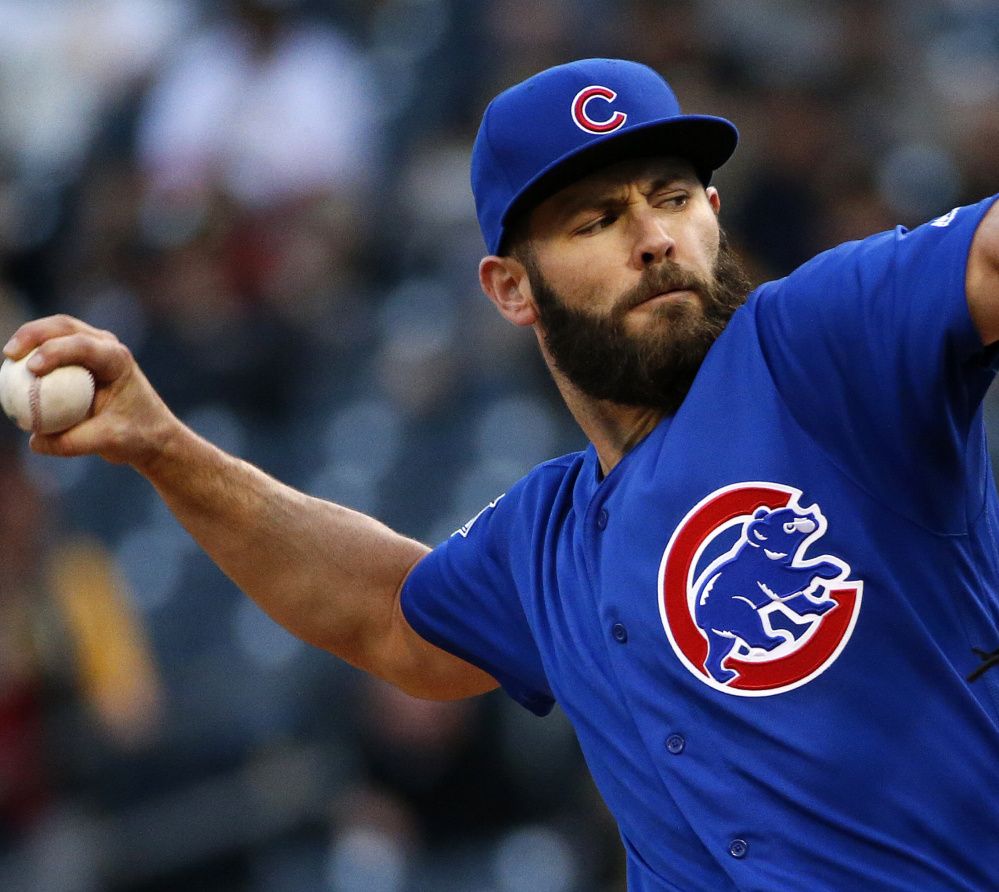 Jake Arrieta of the Cubs dominated the Pirates Tuesday night, scattering two hits in seven shutout innings of a 7-1 victory. Arietta has six wins this season.