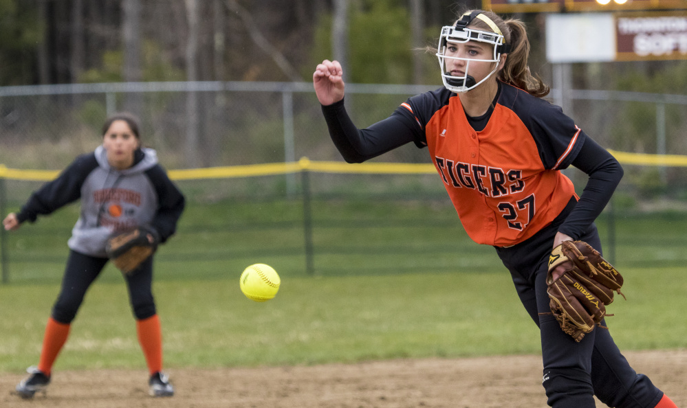 Kirsten Lebreux was the leader while pitching and hitting Wednesday for Biddeford in an 11-7 victory against Thornton Academy. Lebreux struck out six, but also hit a home run and drove in two runs – part of a 15-hit offense for the Tigers, who improved to 5-1.
