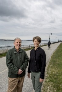 Tom Jewell and Kara Wooldrik at the Eastern Promenade Trail by East End Beach. Jewell was co-founder of the Portland Trails system and Wooldrik is the executive director.