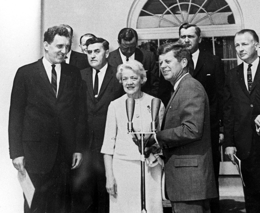Margaret Chase Smith with Edmund Muskie and President John F. Kennedy in an undated White House file photo.