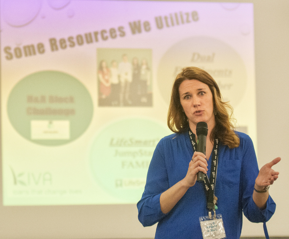 Amanda Peterson, business instructor at United Technologies Center, speaks during a financial educators conference Friday at the Augusta Civic Center.