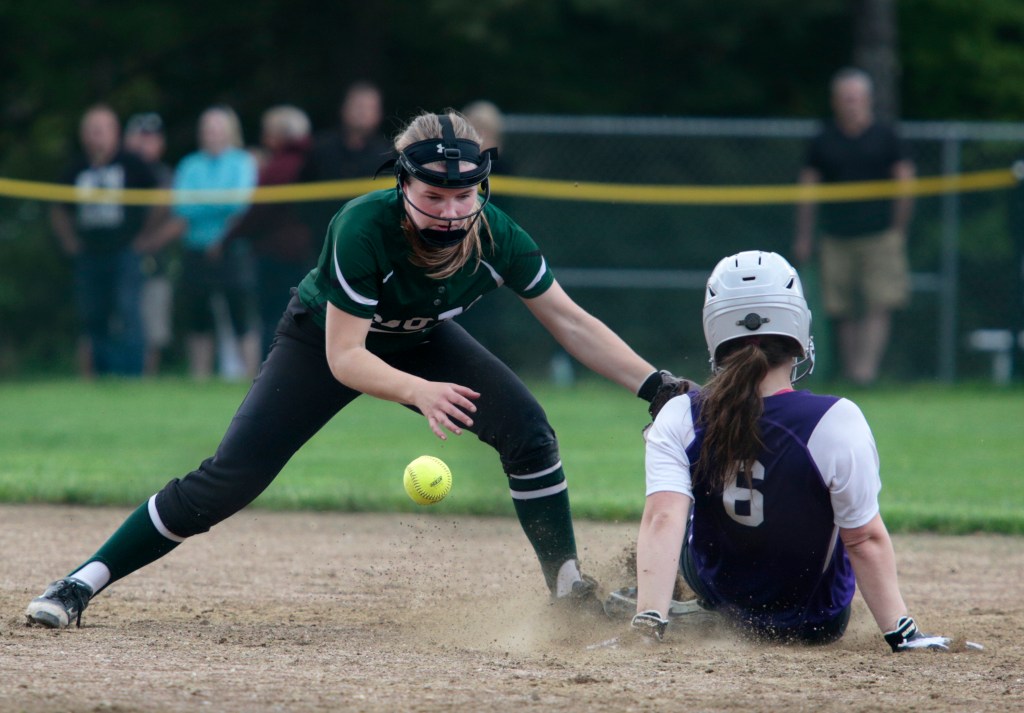 Abby Elowitch of Deering is safe on the steal to second base as the throw gets away from Nell Spencer of Bonny Eagle in the sixth inning. 
Derek Davis/Staff Photographer