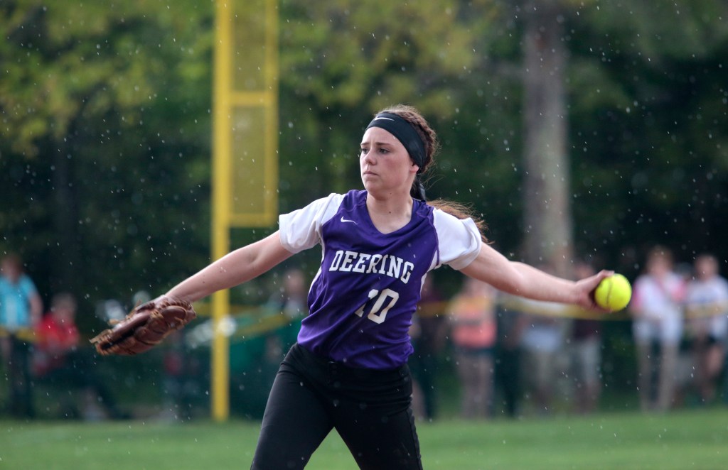 Deering pitcher Kaitlyn DiBiase delivers a pitch in the fifth inning.
Derek Davis/Staff Photographer