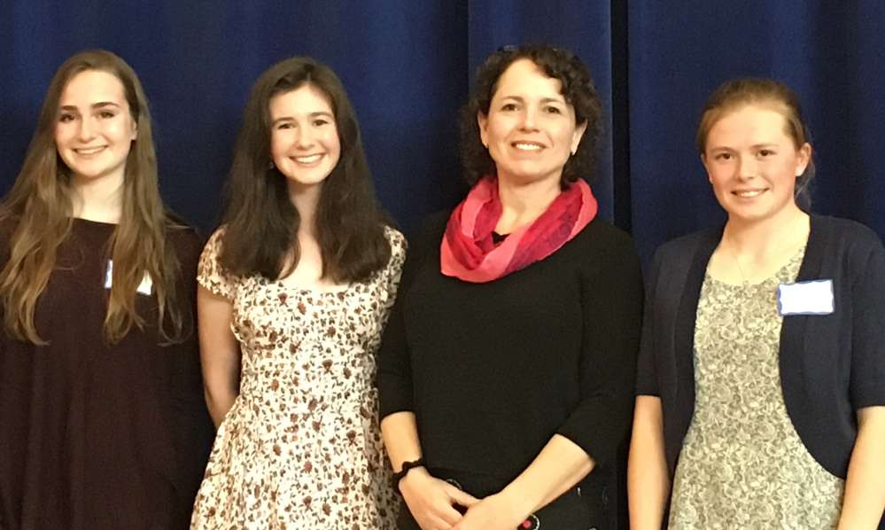 Award-winning poet Rachel Contreni Flynn, second from right, served as a judge for the ninth annual Merriconeag Poetry Festival contest. With her are the top three winners. from left, Falmouth High School sophomore Ella Boyd, Cape Elizabeth High School junior Anna Friberg and, far right, North Yarmouth Academy sophomore Charlotte Collins.