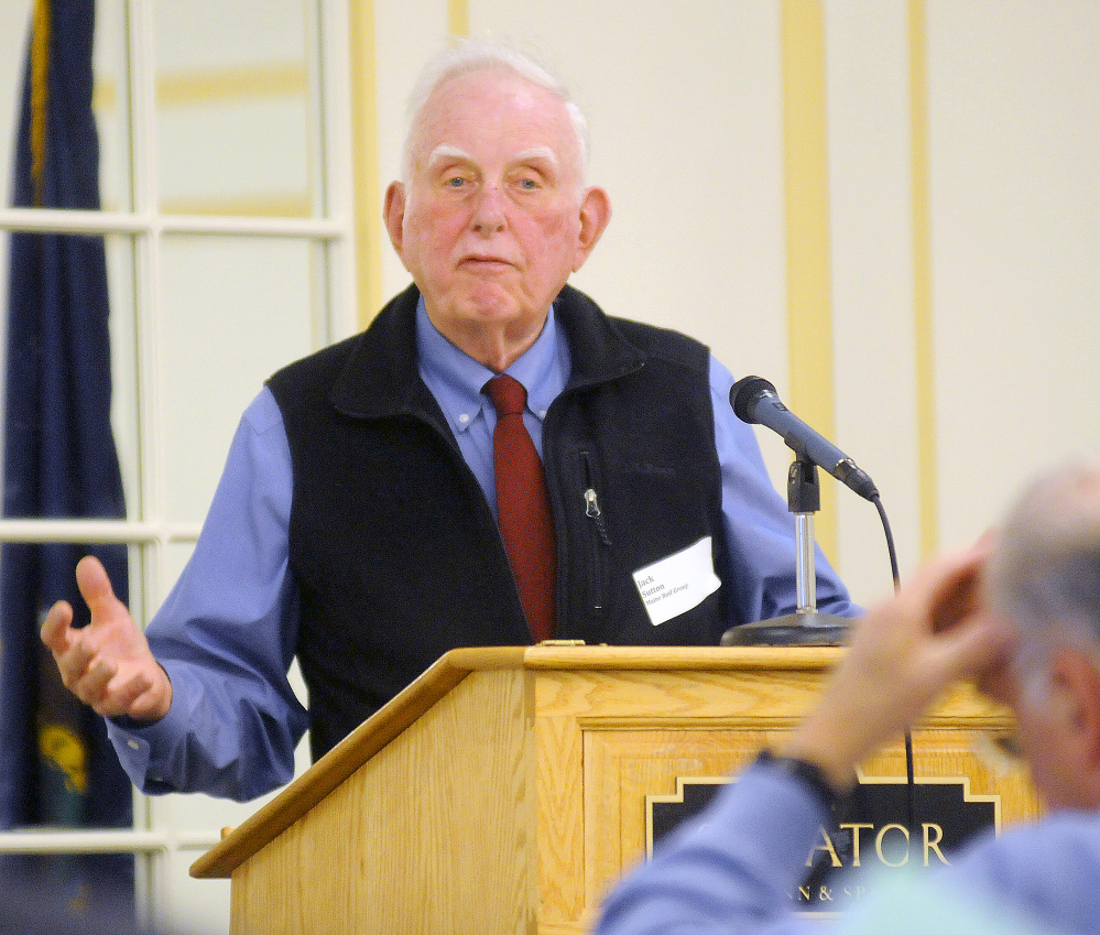 Jack Sutton of the Maine Rail Group addresses participants at a rail summit Tuesday in Augusta.