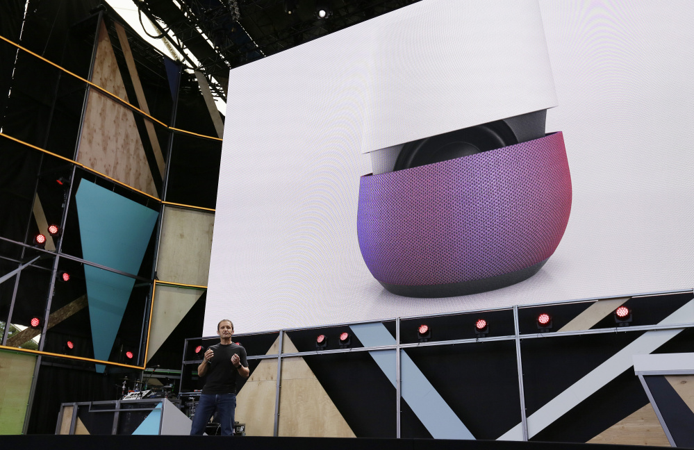 Google vice president Mario Queiroz  introduces the new Google Home device during the keynote address of the Google I/O conference in 2016 in Mountain View, Calif.
