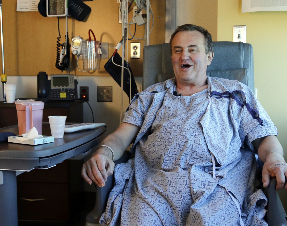 Thomas Manning, of Halifax, Mass., is upbeat and chatty as he recovers Wednesday from a 15-hour operation at Massachusetts General Hospital in Boston. Manning is the first man in the United States to undergo a penis transplant. (AP Photo/Elise Amendola)
