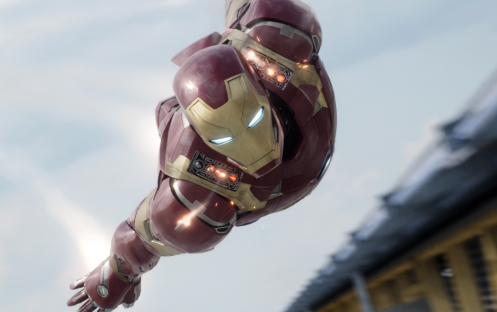Iron Man, portrayed by Robert Downey Jr., flies toward the camera in "Captain America: Civil War."