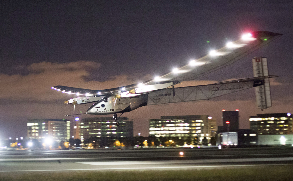 Solar Impulse 2 lands at Moffett Field in Mountain View, Calif., last month, completing the leg of its journey from Hawaii in its attempt to circumnavigate the globe.