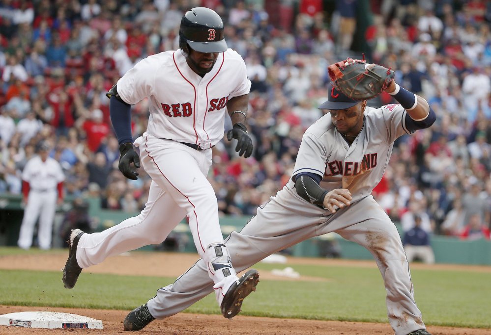 Boston's Jackie Bradley Jr. beats out an infield single in the sixth inning to extend his hitting streak to 26 in Boston's 9-1 Saturday at Fenway Park.