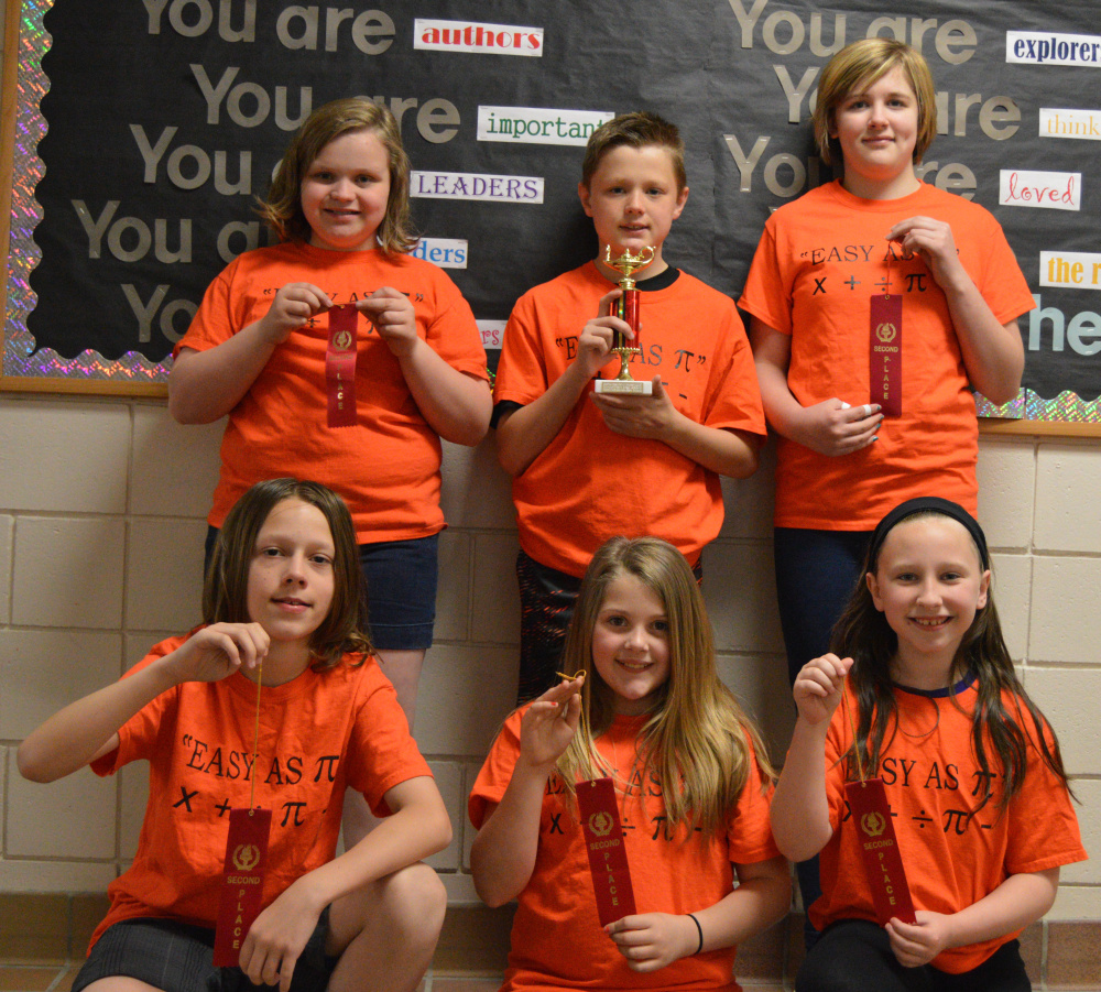 Biddeford Intermediate School Math Meet Team members (from left, back row) include individual champion Emma Raymond, Patrick O'Driscoll and McKenna Peaslee; (front row) Liam Nierle, Hannah McCurry and Kayleigh Keely.