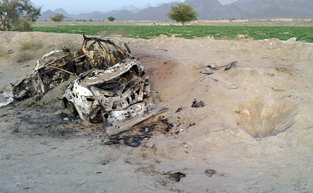 A photo taken by a freelancer shows the vehicle believed to have been carrying top Taliban leader Akhtar Mohammad Mansour when it was destroyed in an airstrike Saturday in the Baluchistan province of Pakistan, near Afghanistan's border.