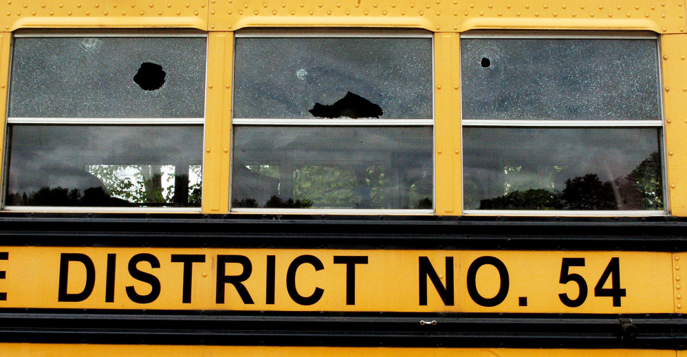 Vandals shattered many windows in School Administrative District 54 school buses in Skowhegan.