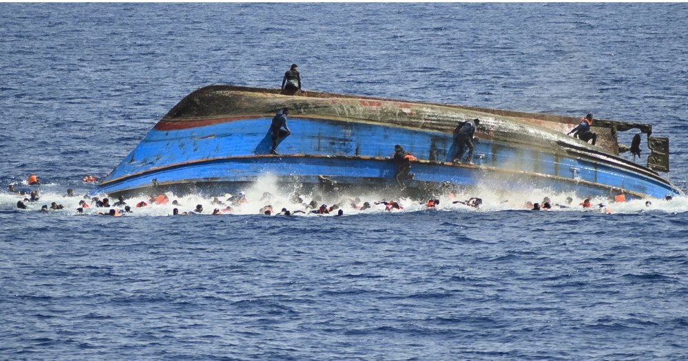 In this picture series starting at upper right, migrants try to jump in the water before their boat overturns Wednesday off the Libyan coast. The Italian navy later recovered a few bodies.