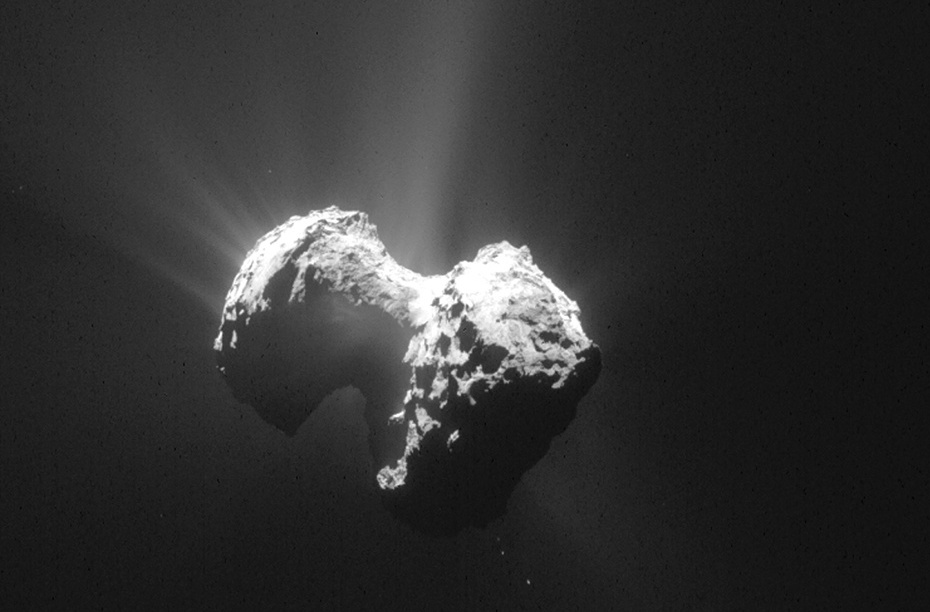 European Space Agency photo taken by the Rosetta probe shows the comet 67P/Churyumov-Gerasimenko with its coma from a distance of 106 miles from the comet center.