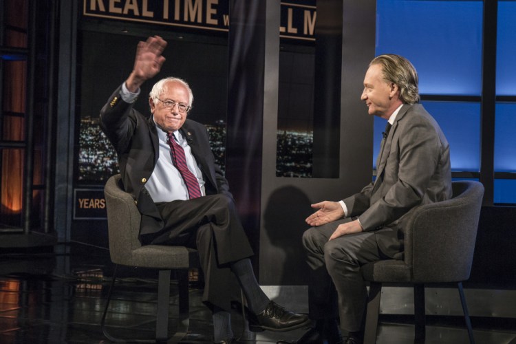 Democratic presidential candidate Sen. Bernie Sanders, I-Vt., speaks with host Bill Maher during an interview on "Real Time With Bill Maher" on Friday in Los Angeles. 
The Associated Press