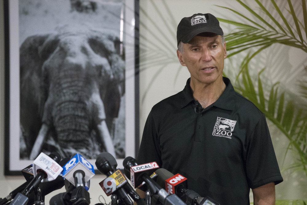 Thane Maynard, director of the Cincinnati Zoo & Botanical Garden, speaks during a news conference Monday in Cincinnati. A gorilla named Harambe was killed by a special zoo response team on Saturday after a 4-year-old boy slipped into an exhibit and it was concluded his life was in danger.