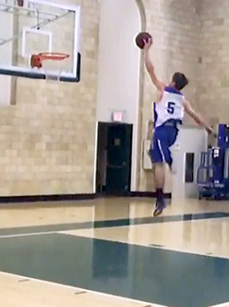 Colby College men's basketball player Pat Dickert posted a video of himself dunking from the foul line on Instagram last week and it has since gone viral, with over 200,000 views through Tuesday afternoon. Dickert is seen here in midflight in this screen grab from the Instagram video.