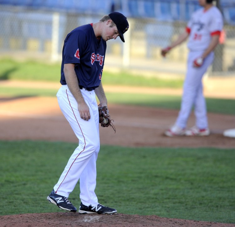 Starting pitcher Ty Buttrey of the Portland Sea Dogs reacts Tuesday night after walking in a run during a three-run fifth inning, part of a 6-4 loss to Reading at Hadlock Field.
