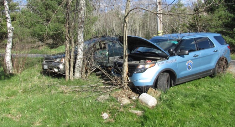 The impact of Tuesday's collision forced both cars off Sennebec Road in Appleton.
Courtesy Maine State Police