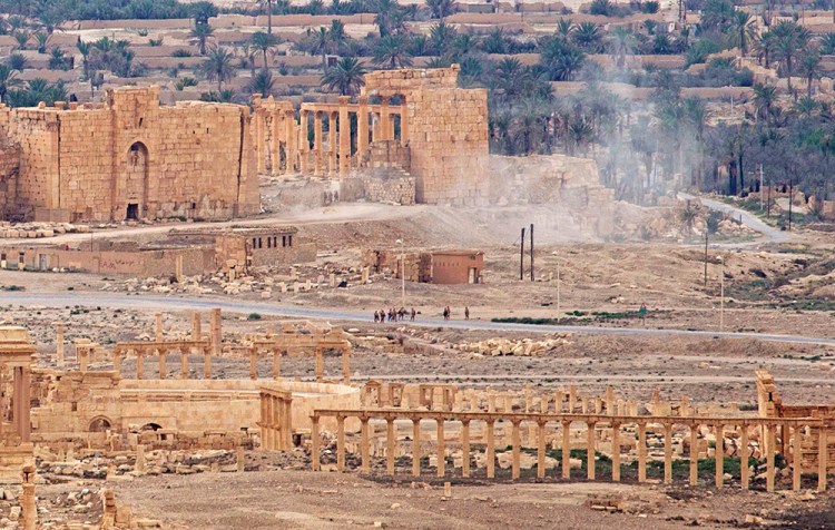 Russian soldiers conduct a controlled land mine detonation in the ancient town of Palmyra in this April 14, 2016, photo. Syrian troops, with the help of Russian airstrikes, regained control of the world-famous ancient city in March after the Islamic State had controlled it for nearly 10 months. The Associated Press