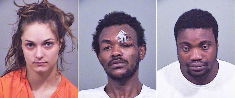 Breanna Lee, Abdallah Dud, center, and Kokou Noulilo were arrested in connection with the alleged robbery of a drug dealer in South Portland. Photos courtesy of the South Portland Police Department.
