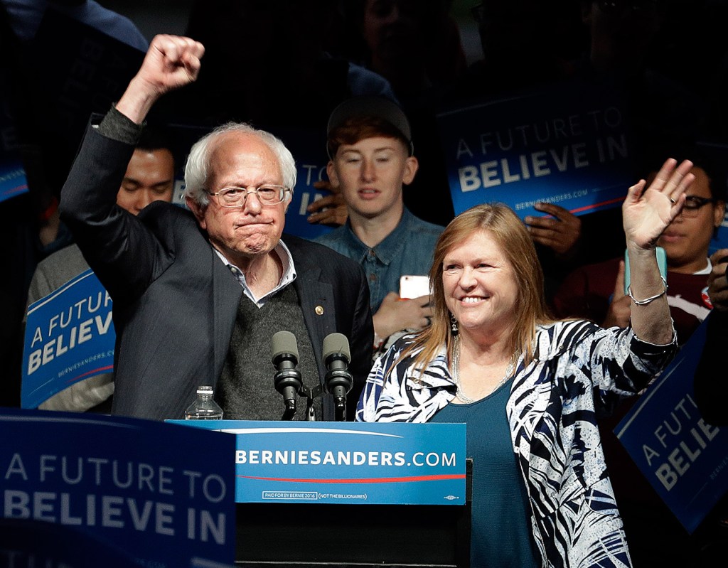 Bernie Sanders, speaking at a campaign rally Tuesday  in Louisville, Ky., with his wife, Jane, won the Indiana Democratic primary.
The Associated Press