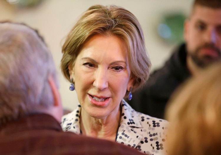 Carly Fiorina, Republican vice presidential candidate, meets with  supporters of presidential candidate, Sen. Ted Cruz, R-Texas, during a campaign stop at Lincoln Square Pancake House, Tuesday in Westfield, Ind. The Associated Press