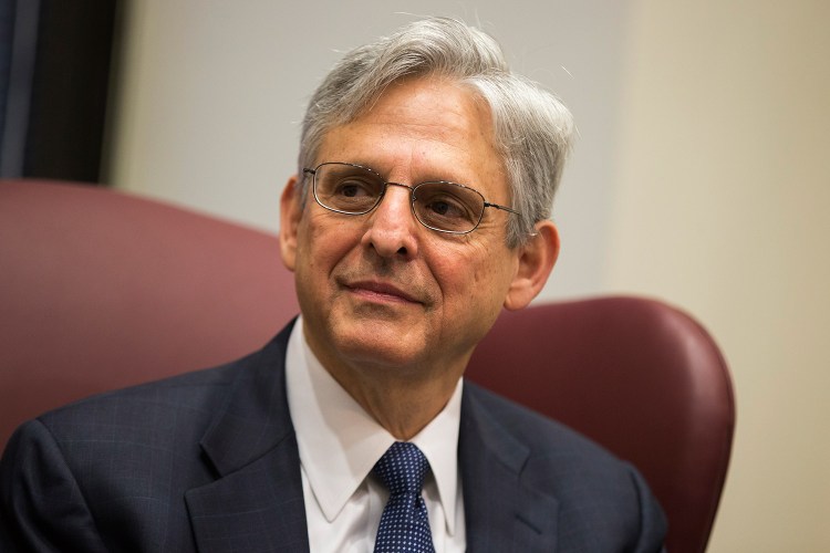 Judge Merrick Garland, President Obama's choice to replace the late Justice Antonin Scalia on the Supreme Court meets with Sen. Gary Peters, D-Mich., on Capitol Hill on April 28, 2016. 