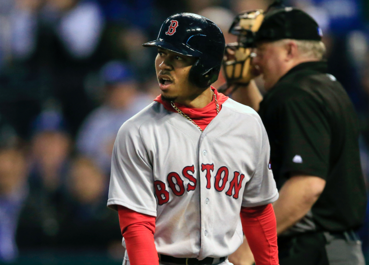 Boston's Mookie Betts looks at the pitcher after striking out during the Royals' 8-4 win over the Red Sox on Tuesday.   The Associated Press