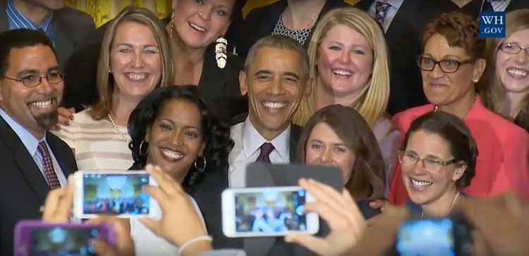 Talya Edlund, lower right, has her photo taken on Tuesday with President Barack Obama and other top teachers from across the U.S. who came to Washington, D.C., to be honored by the president. Facebook photo courtesy of Tayla Edlund