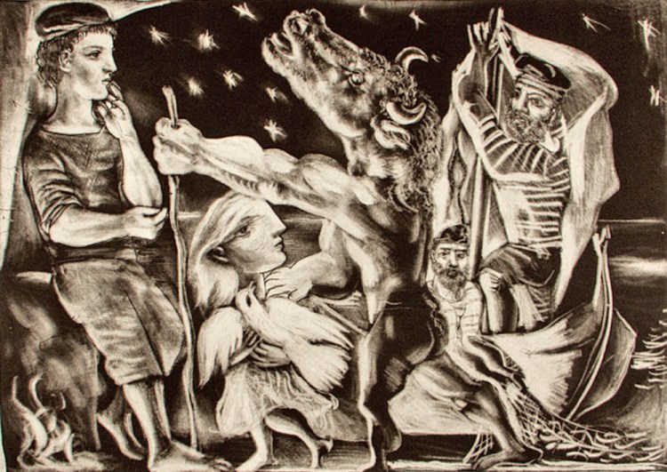 Closeup of "Minotaure aveugle guidé par une filette dans la nuit (Blind Minotaur Led by a Little Girl in the Night)," 1934. Etching. Courtesy Colby College Museum of Art, The Lunder Collection