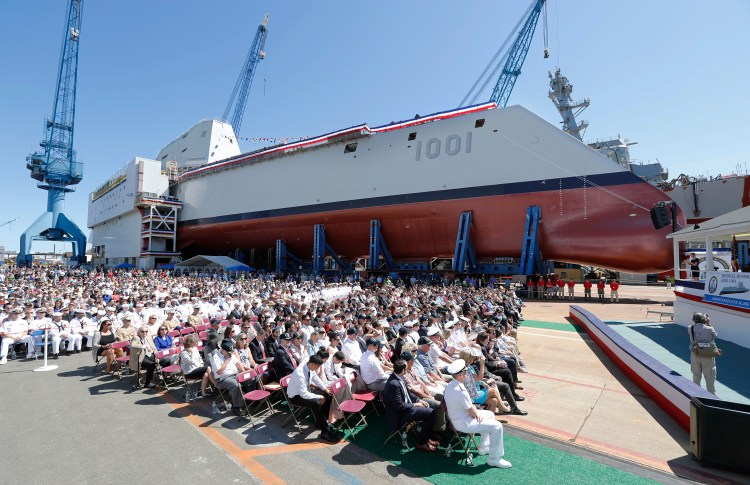 A crowd watches the christening ceremony for Michael Monsoor (DDG 1001) on June 18, 2016, at Bath Iron Works. 