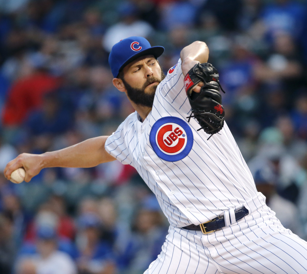 Jake Arrieta of the Cubs lasted seven innings Tuesday night, but got a no-decision as the Dodgers won at Chicago, 5-0. Arrieta remains 9-0.
