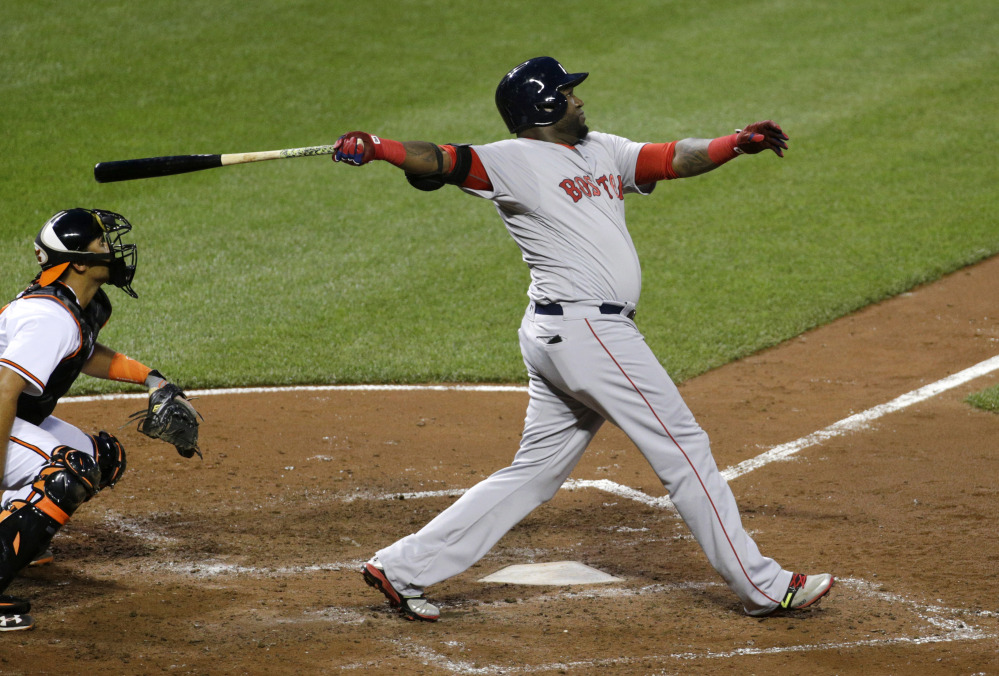 David Ortiz watches his three-run home run in the sixth inning. The shot gave the Red Sox a lead, but Boston pitchers were unable to hold it.