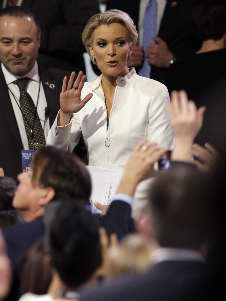 Fox News Channel anchor Megyn Kelly waves to the crowd at the conclusion of the U.S. Republican presidential candidates debate in Detroit in March.