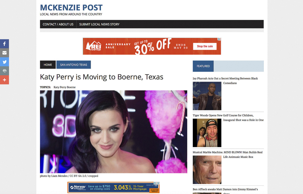 Three Web pages falsely announce singer Katy Perry's move to three different locations. Fake news websites make money for each click on a page and are often not taken to court because their content meets the definition of satire and parody, protected by the right to free speech.