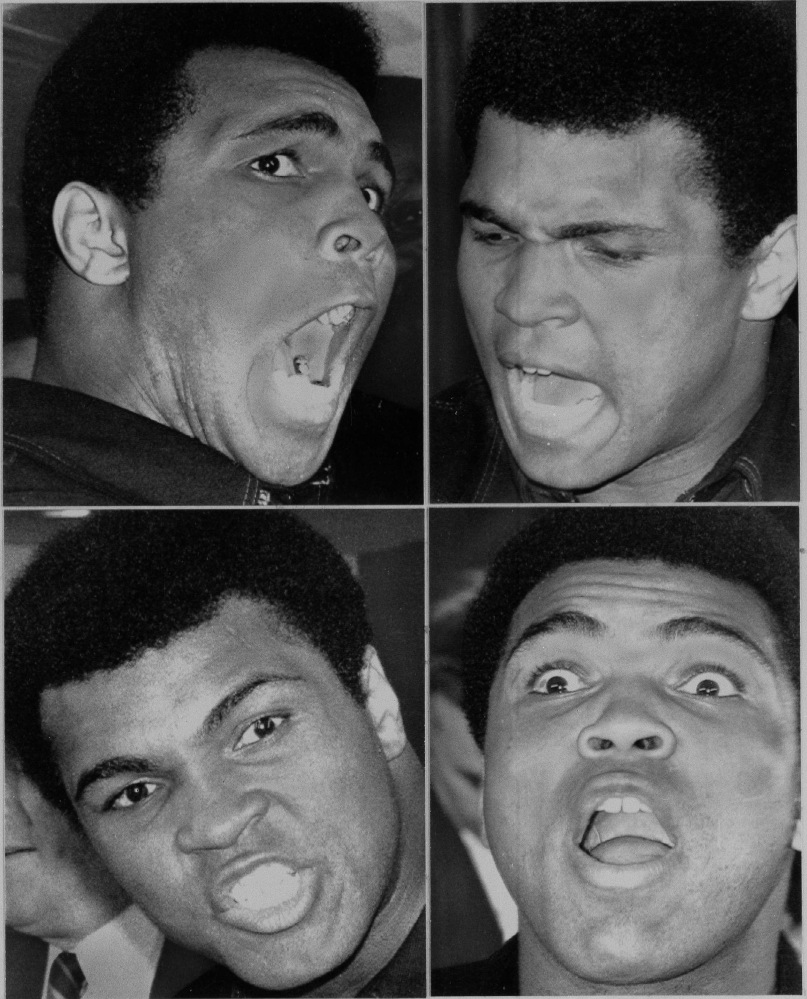 In these Nov. 29, 1974, file photos, heavyweight champion Muhammad Ali reacts while speaking at a press conference in London.