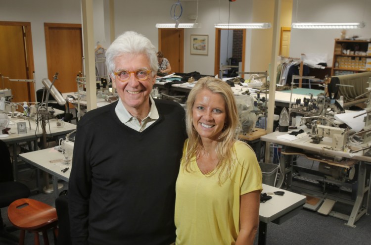 Tom Chappell, who founded Tom's of Maine, and his daughter Eliza in the production space for Ramblers Way Farm, which creates high-end wool clothing. Eliza is stepping up to take over leadership of the business.