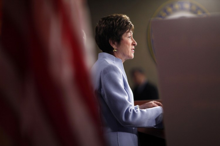 Maine Sen. Susan Collins speaks at a Washington news conference in 2011. The moderate Republican said Tuesday that being asked to support or condemn statements by her party's presumptive nominee for president is not what she wants to be doing – she'd rather be discussing public policy.