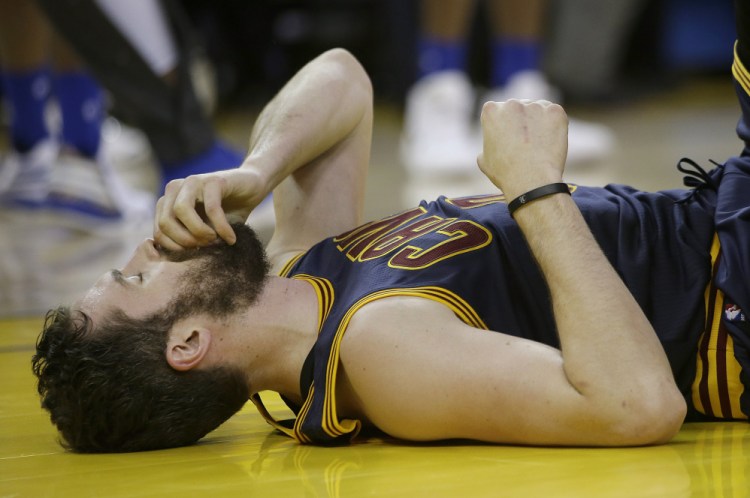 Cleveland forward Kevin Love might not play Wednesday night in Game 3 after he hit his head hard in Game 2.   Associated Press/Marcio Jose Sanchez