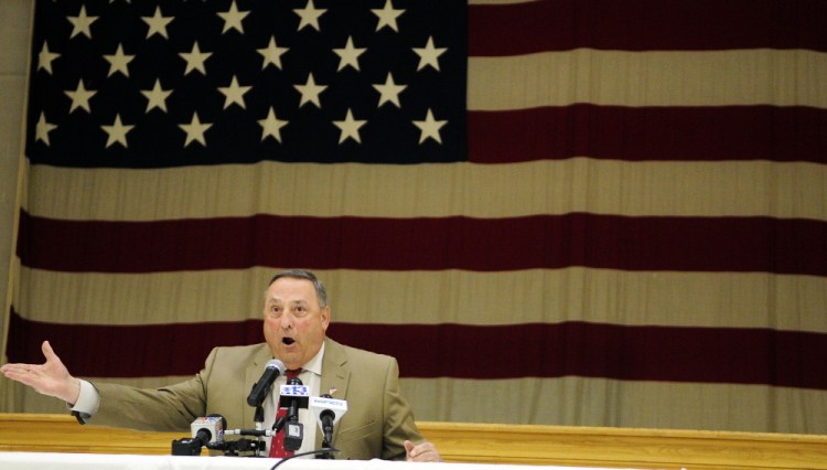 Gov. Paul LePage speaks during a town hall meeting on Wednesday in the Augusta Armory.