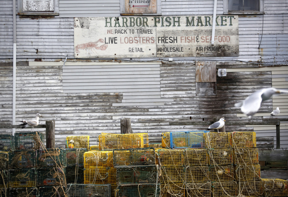 Stacks of lobster traps sit outside Harbor Fish Market on Custom House Wharf in Portland in March.  Businesses all along Commercial Street threw open their doors Saturday in Portland's Walking the Working Waterfront tour. The annual event gave visitors a behind-the-scenes look at the commercial operations on the city's piers and wharves that contribute to its economy. Derek Davis/Staff Photographer